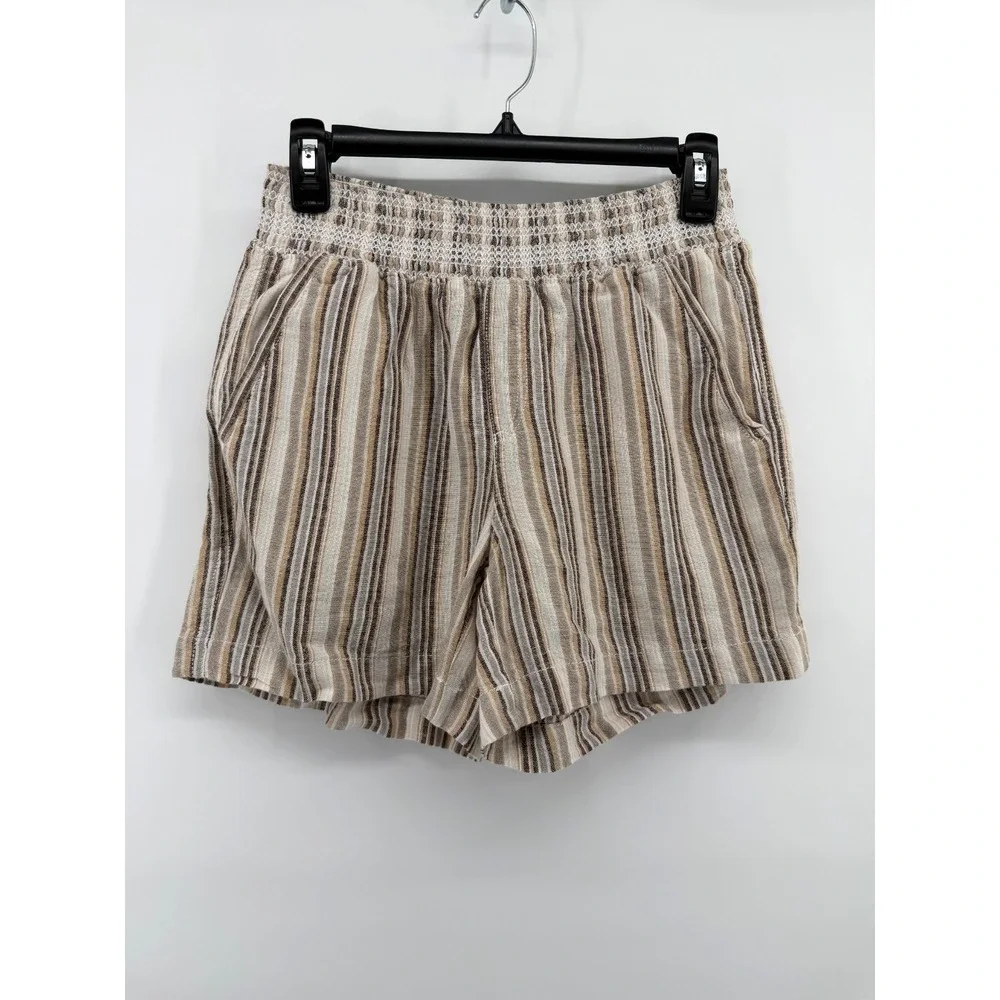 Briggs Linen Shorts Brown Cream Striped Women S Ruched Waist Beach Resort Casual